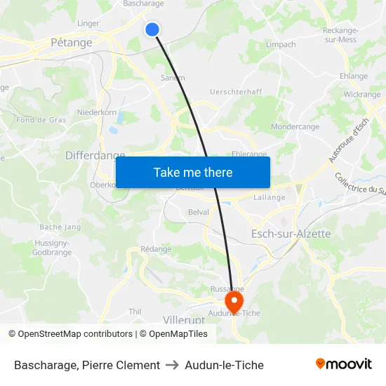 Bascharage, Pierre Clement to Audun-le-Tiche map