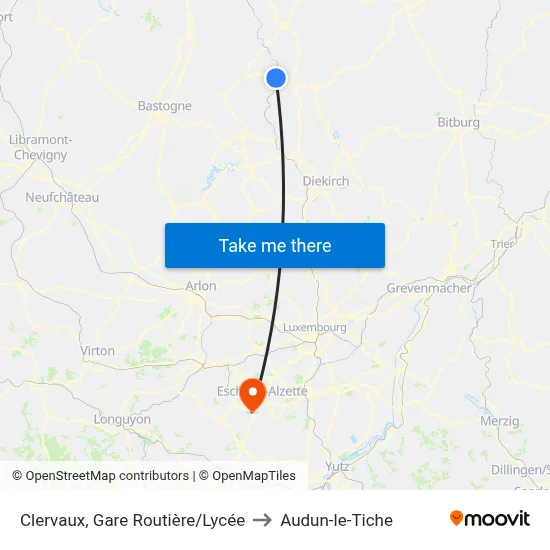 Clervaux, Gare Routière/Lycée to Audun-le-Tiche map