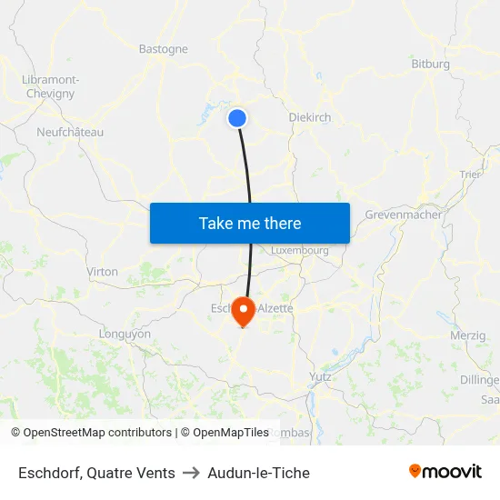 Eschdorf, Quatre Vents to Audun-le-Tiche map