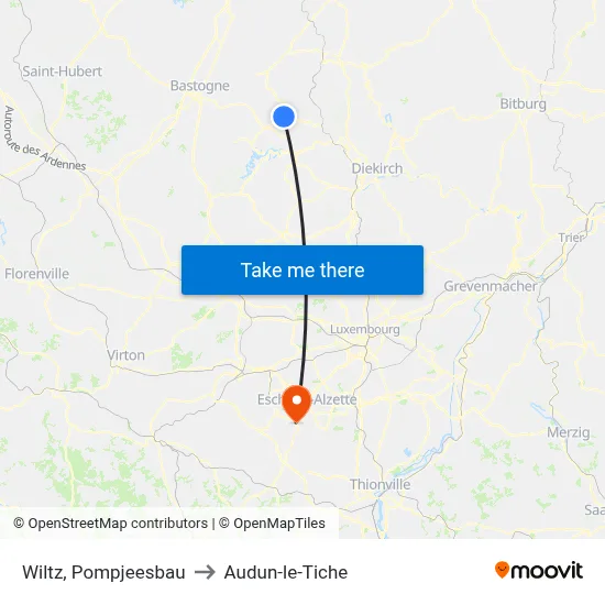 Wiltz, Pompjeesbau to Audun-le-Tiche map