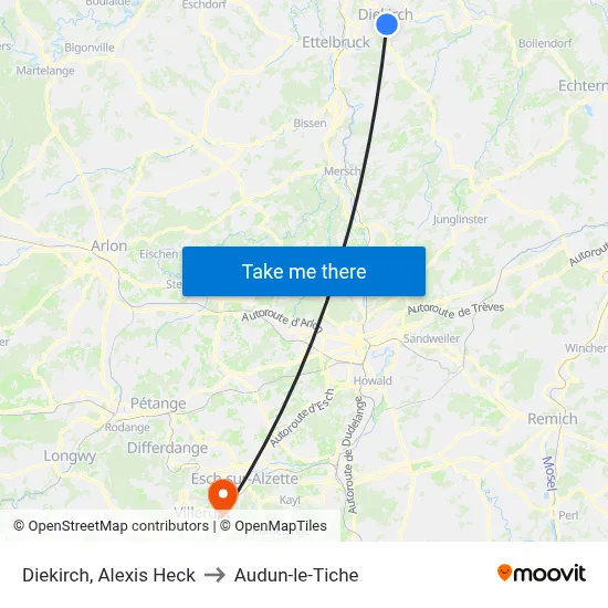 Diekirch, Alexis Heck to Audun-le-Tiche map