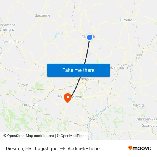 Diekirch, Hall Logistique to Audun-le-Tiche map