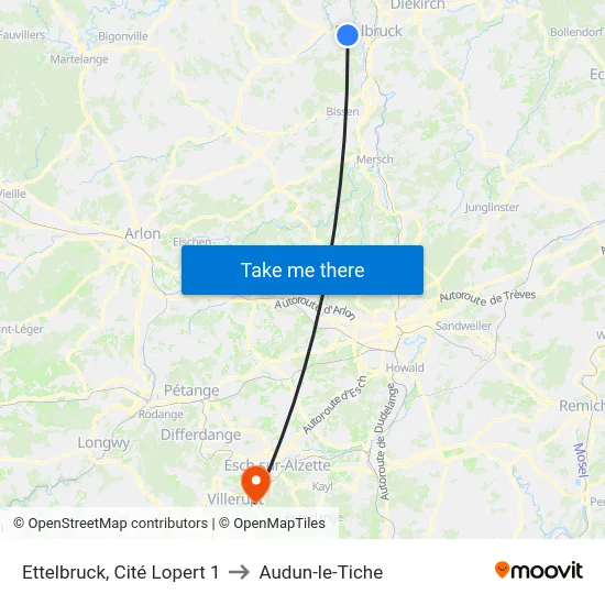 Ettelbruck, Cité Lopert 1 to Audun-le-Tiche map