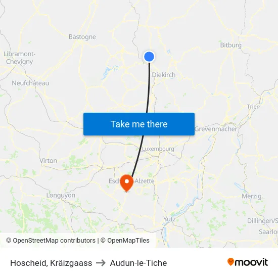 Hoscheid, Kräizgaass to Audun-le-Tiche map