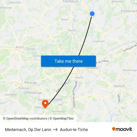 Medernach, Op Der Lann to Audun-le-Tiche map
