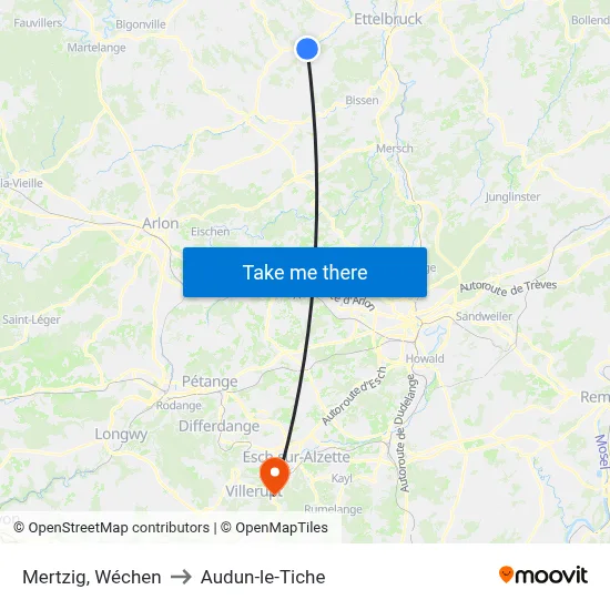 Mertzig, Wéchen to Audun-le-Tiche map