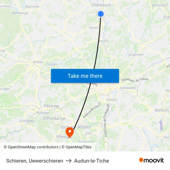 Schieren, Uewerschieren to Audun-le-Tiche map