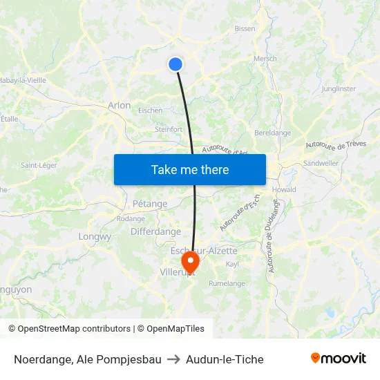 Noerdange, Ale Pompjesbau to Audun-le-Tiche map