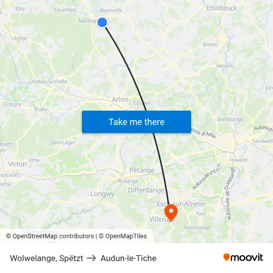 Wolwelange, Spëtzt to Audun-le-Tiche map