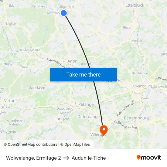 Wolwelange, Ermitage 2 to Audun-le-Tiche map