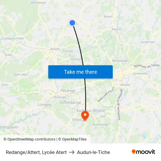 Redange/Attert, Lycée Atert to Audun-le-Tiche map