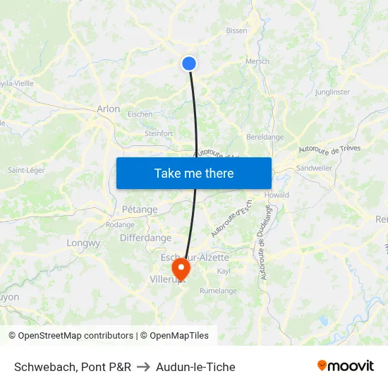Schwebach, Pont P&R to Audun-le-Tiche map
