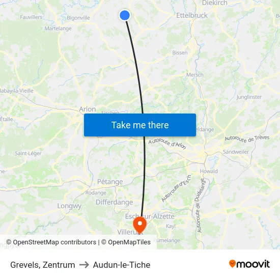 Grevels, Zentrum to Audun-le-Tiche map
