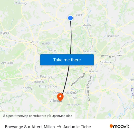 Boevange-Sur-Attert, Millen to Audun-le-Tiche map