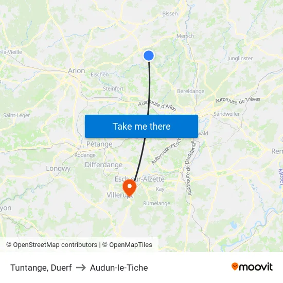Tuntange, Duerf to Audun-le-Tiche map