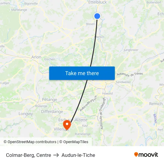Colmar-Berg, Centre to Audun-le-Tiche map