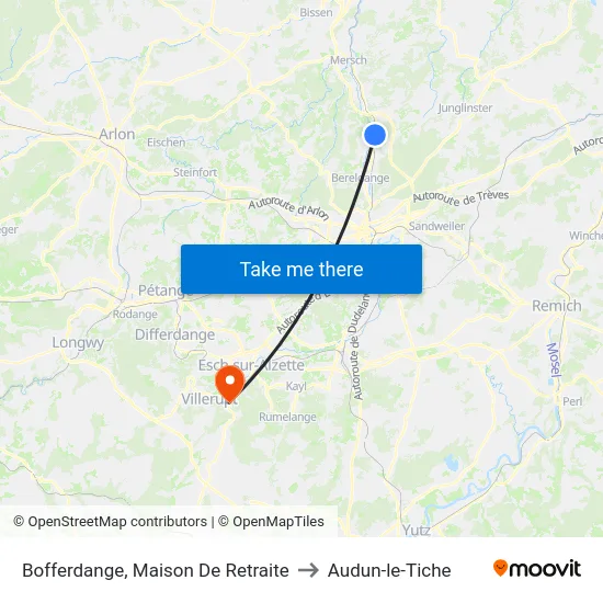 Bofferdange, Maison De Retraite to Audun-le-Tiche map