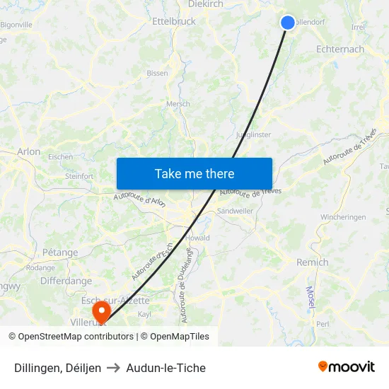 Dillingen, Déiljen to Audun-le-Tiche map