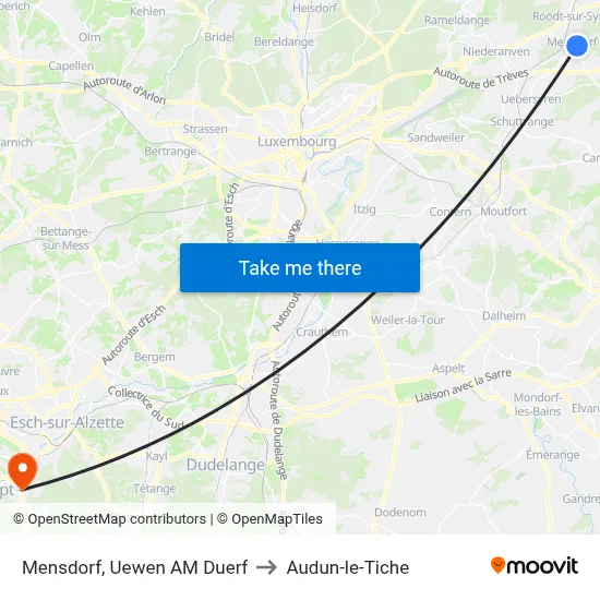 Mensdorf, Uewen AM Duerf to Audun-le-Tiche map