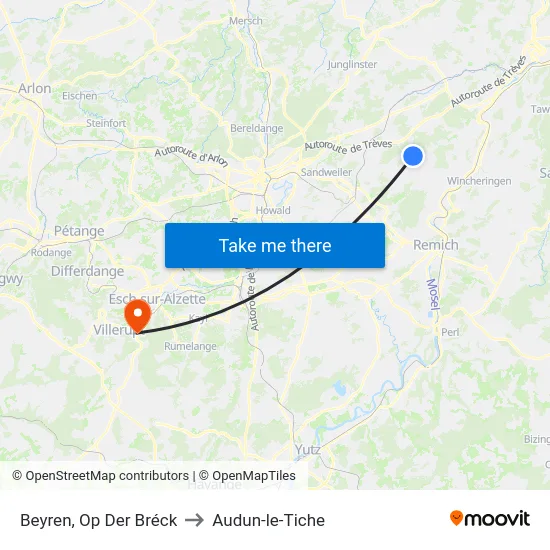 Beyren, Op Der Bréck to Audun-le-Tiche map