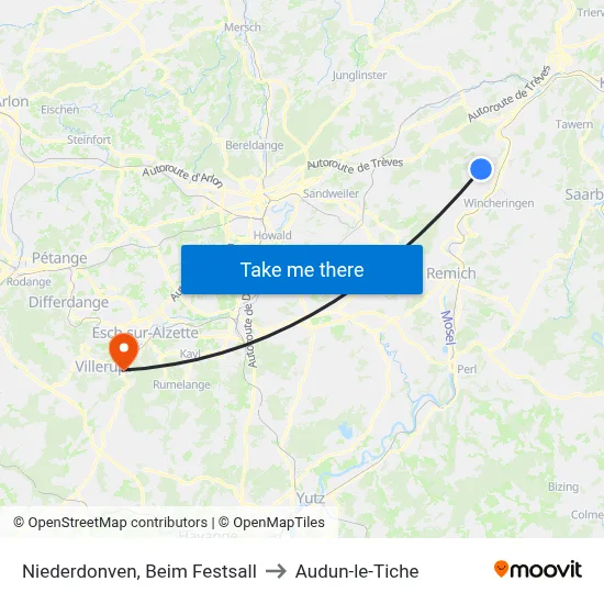 Niederdonven, Beim Festsall to Audun-le-Tiche map