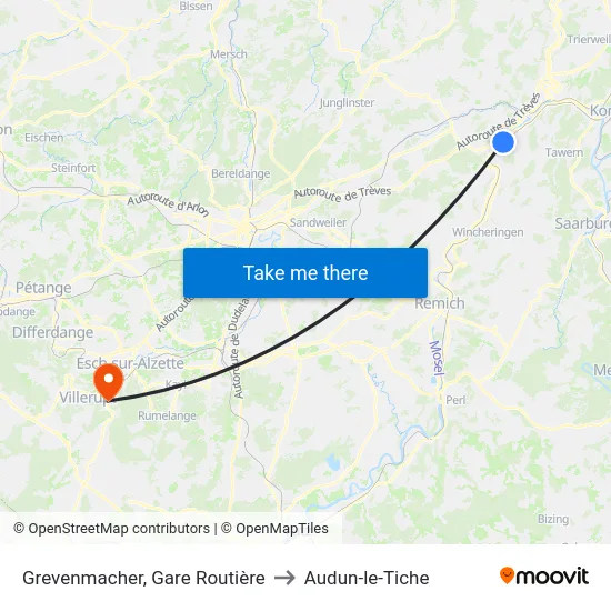 Grevenmacher, Gare Routière to Audun-le-Tiche map