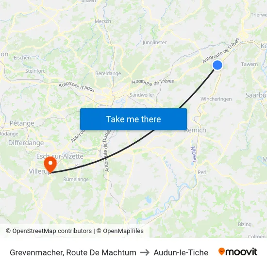Grevenmacher, Route De Machtum to Audun-le-Tiche map