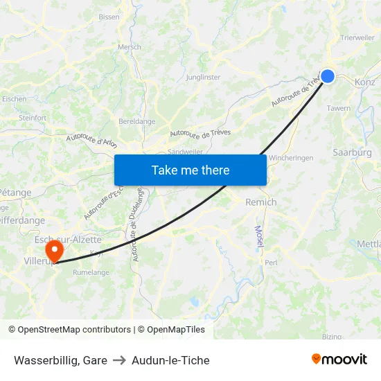 Wasserbillig, Gare to Audun-le-Tiche map