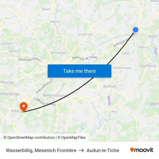 Wasserbillig, Mesenich Frontière to Audun-le-Tiche map