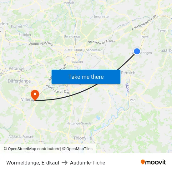 Wormeldange, Erdkaul to Audun-le-Tiche map