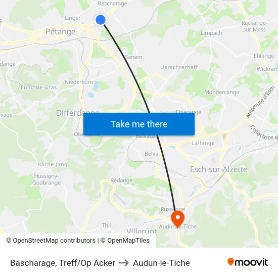 Bascharage, Treff/Op Acker to Audun-le-Tiche map