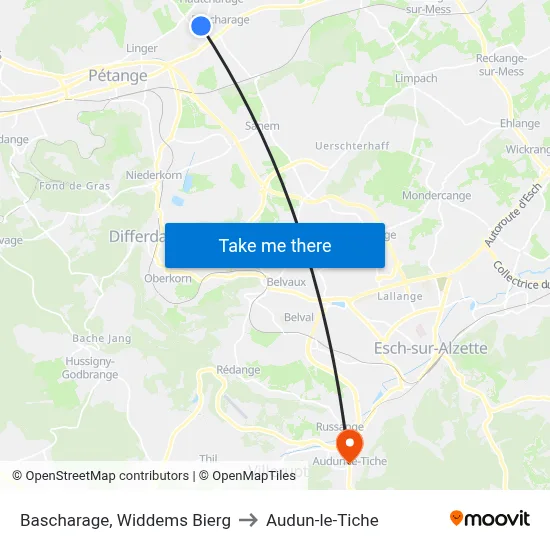 Bascharage, Widdems Bierg to Audun-le-Tiche map