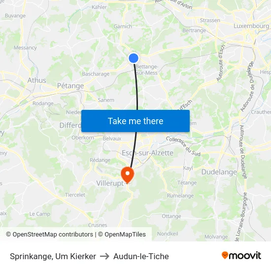 Sprinkange, Um Kierker to Audun-le-Tiche map