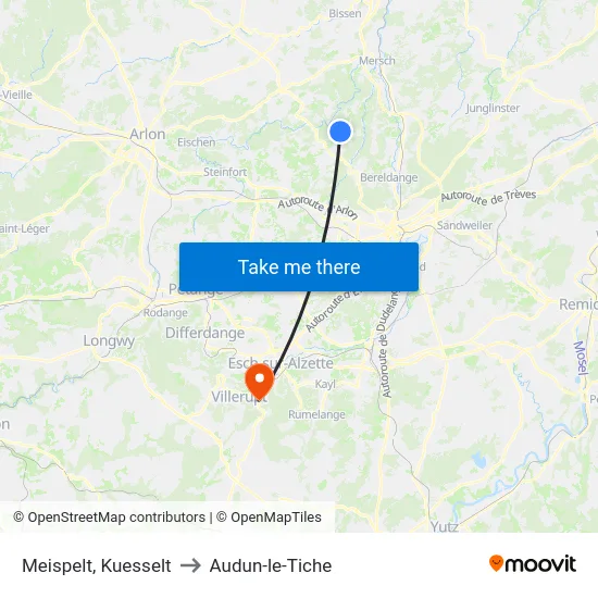 Meispelt, Kuesselt to Audun-le-Tiche map