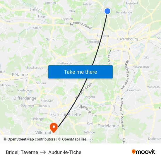 Bridel, Taverne to Audun-le-Tiche map