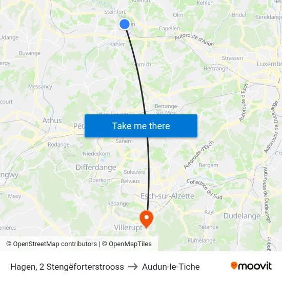 Hagen, 2 Stengëforterstrooss to Audun-le-Tiche map