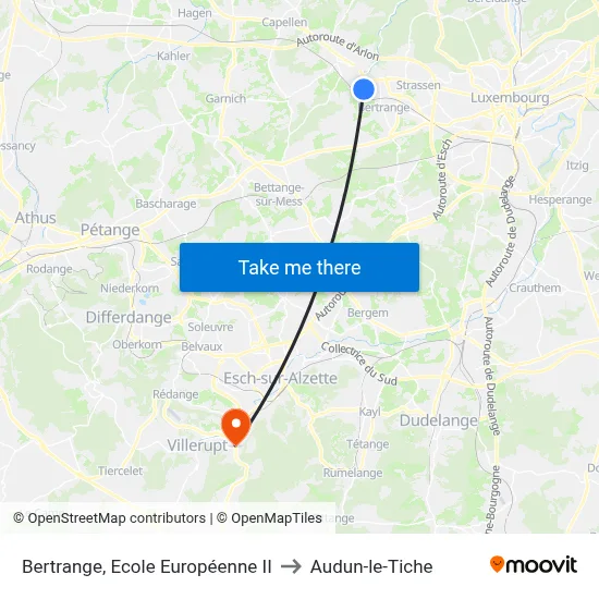 Bertrange, Ecole Européenne II to Audun-le-Tiche map