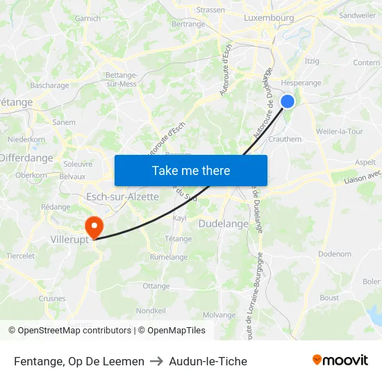 Fentange, Op De Leemen to Audun-le-Tiche map