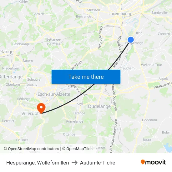 Hesperange, Wollefsmillen to Audun-le-Tiche map