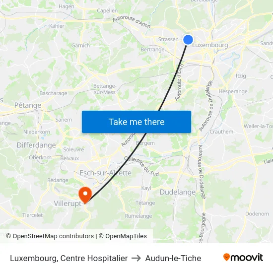 Luxembourg, Centre Hospitalier to Audun-le-Tiche map