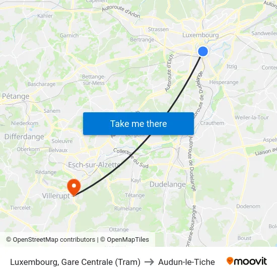 Luxembourg, Gare Centrale (Tram) to Audun-le-Tiche map