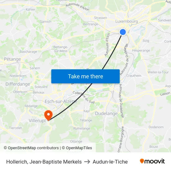 Hollerich, Jean-Baptiste Merkels to Audun-le-Tiche map