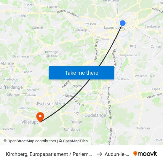 Kirchberg, Europaparlament / Parlement Européen to Audun-le-Tiche map