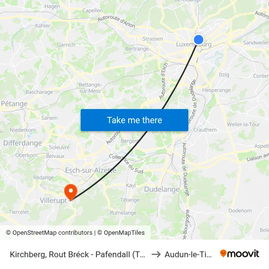 Kirchberg, Rout Bréck - Pafendall (Tram) to Audun-le-Tiche map
