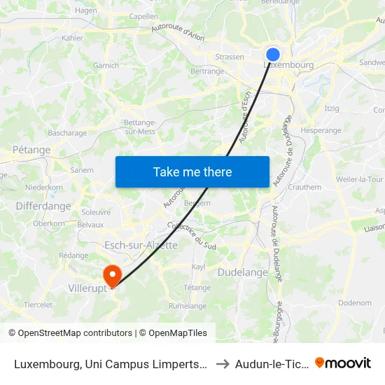 Luxembourg, Uni Campus Limpertsberg to Audun-le-Tiche map