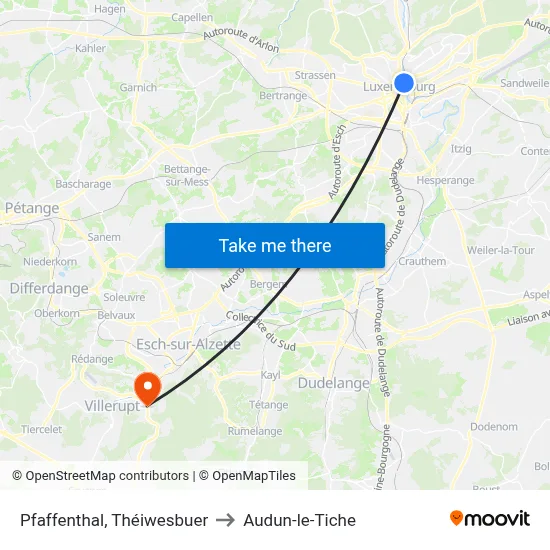 Pfaffenthal, Théiwesbuer to Audun-le-Tiche map