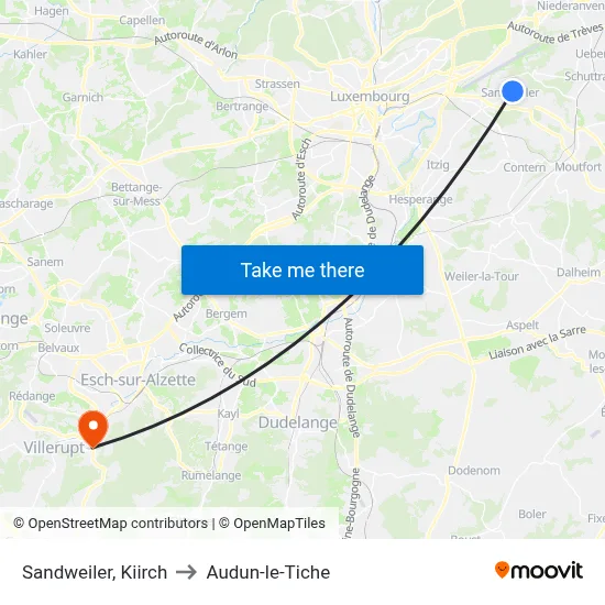 Sandweiler, Kiirch to Audun-le-Tiche map