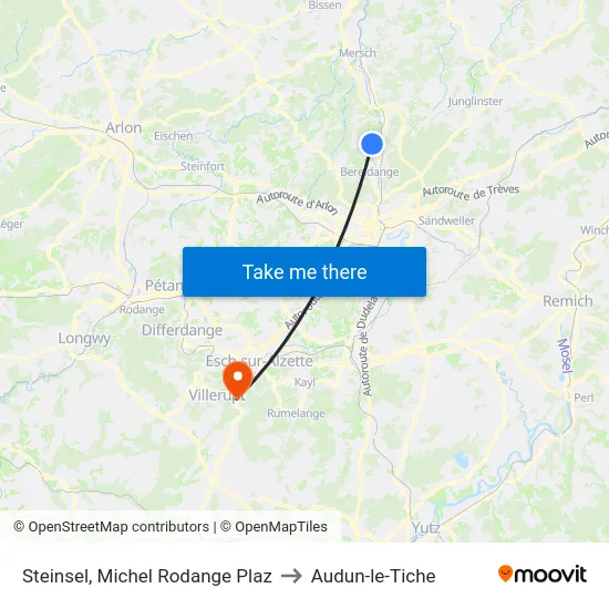 Steinsel, Michel Rodange Plaz to Audun-le-Tiche map