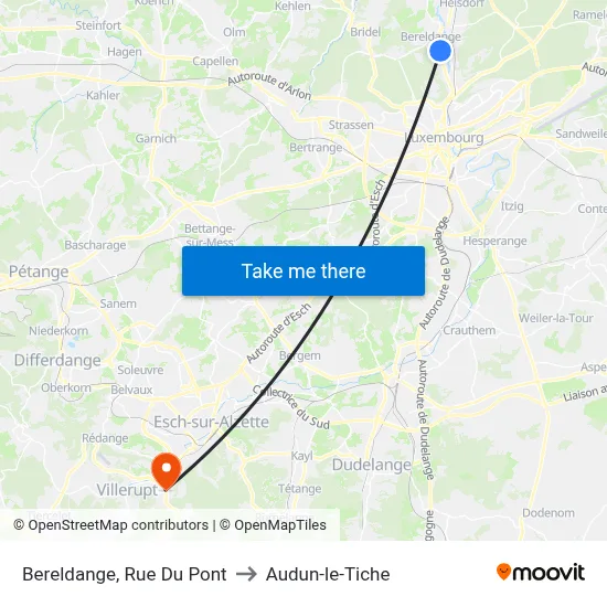 Bereldange, Rue Du Pont to Audun-le-Tiche map