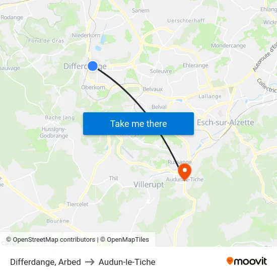 Differdange, Arbed to Audun-le-Tiche map